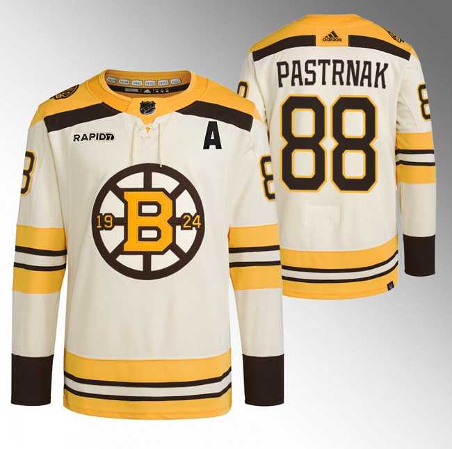 Mens Boston Bruins #88 David Pastrnak Cream With Rapid7 Patch 100th Anniversary Stitched Jersey Dzhi